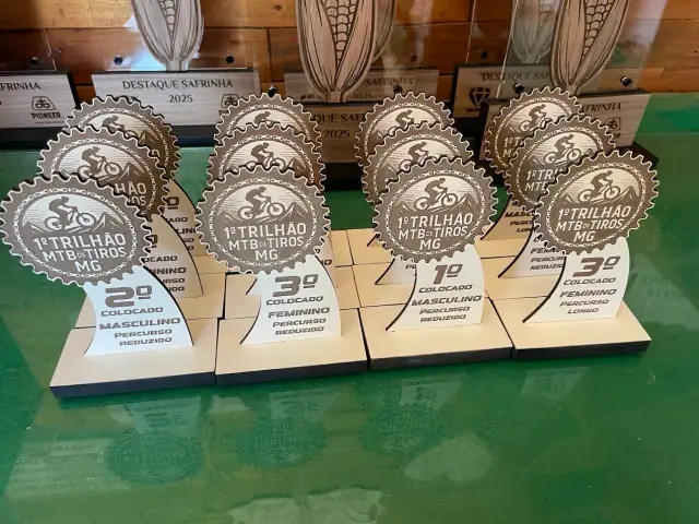 Troféus de ciclismo com engrenagem, bicicleta e classificação por categoria